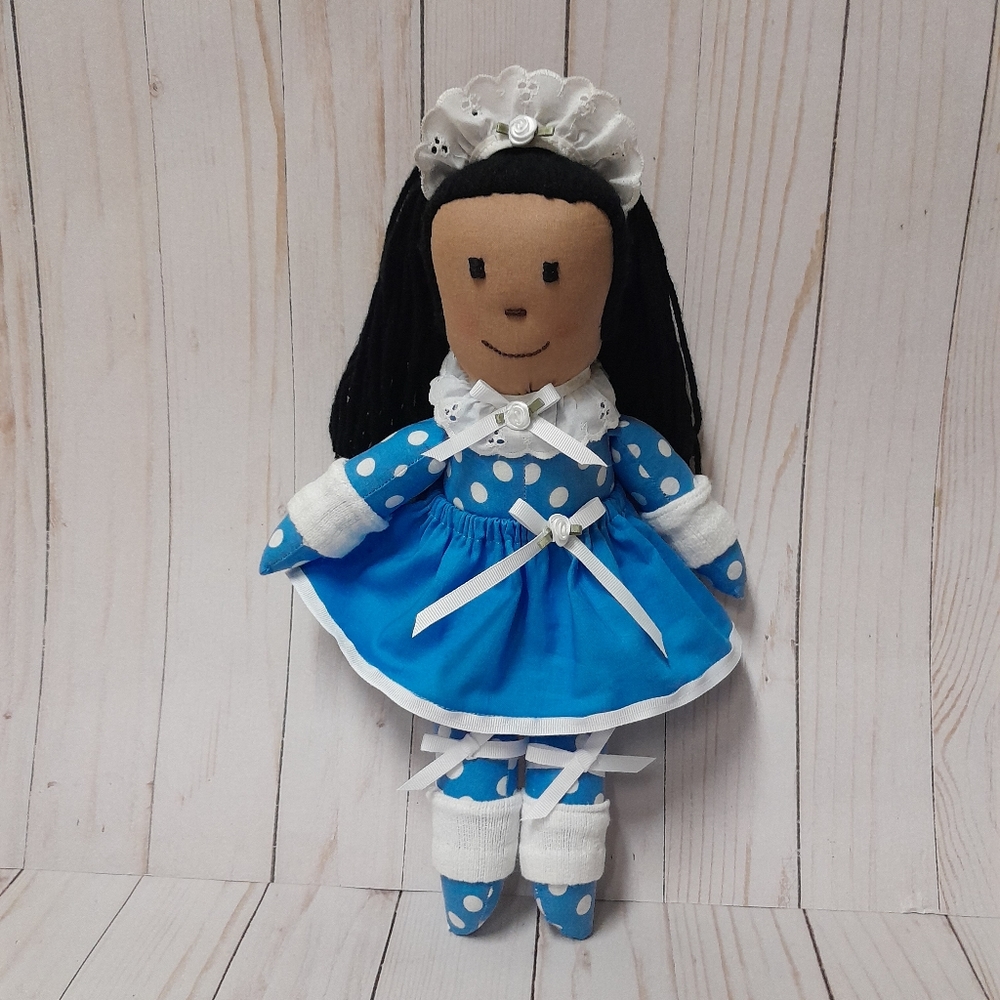 Handmade Ballerina Brown Girl Doll Blue white poka-dot outfit NWT Size:13.5"